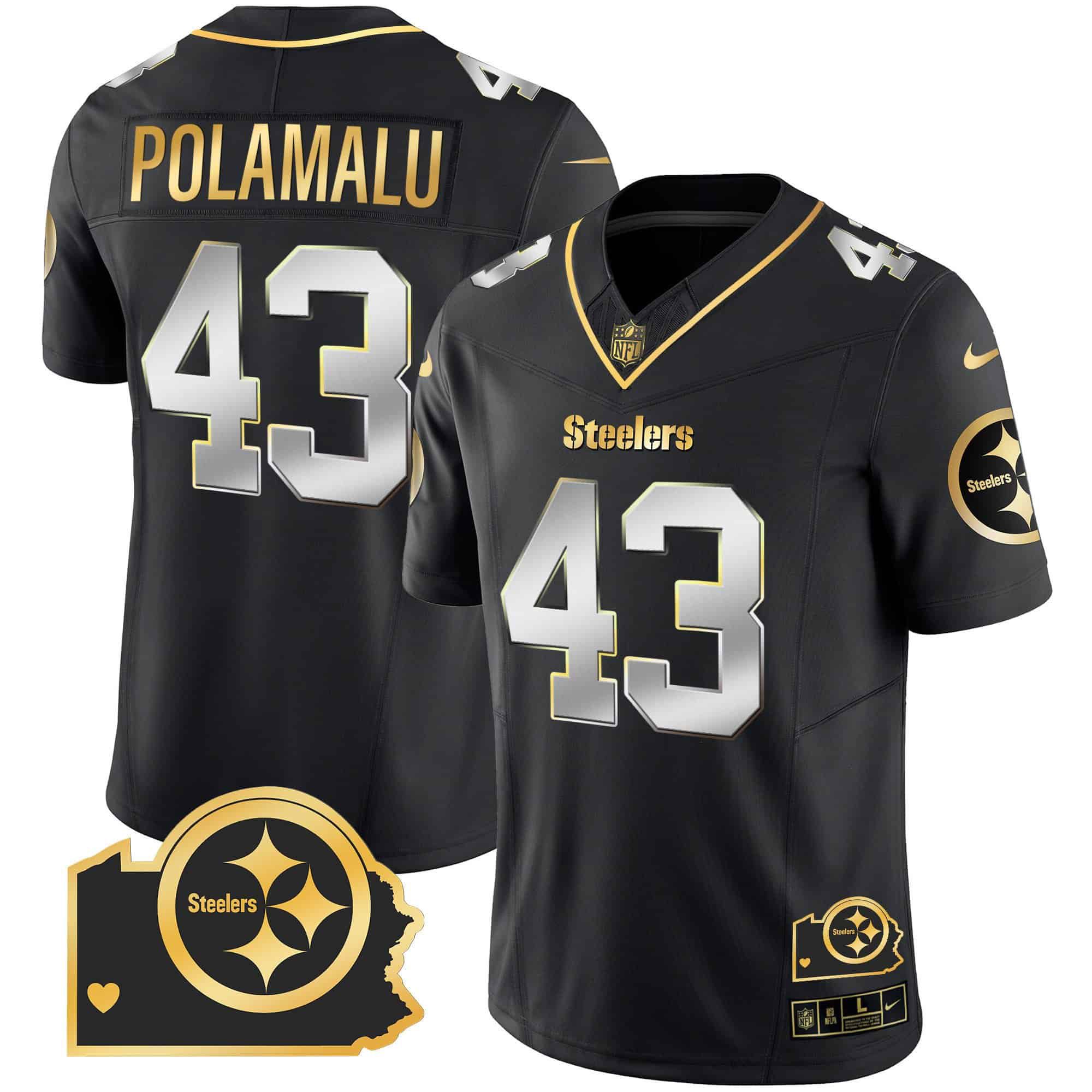 Men Pittsburgh Steelers 43 Polamalu Black Gold 2024 Nike Home Patch Vapor Limited NFL Jersey style 1